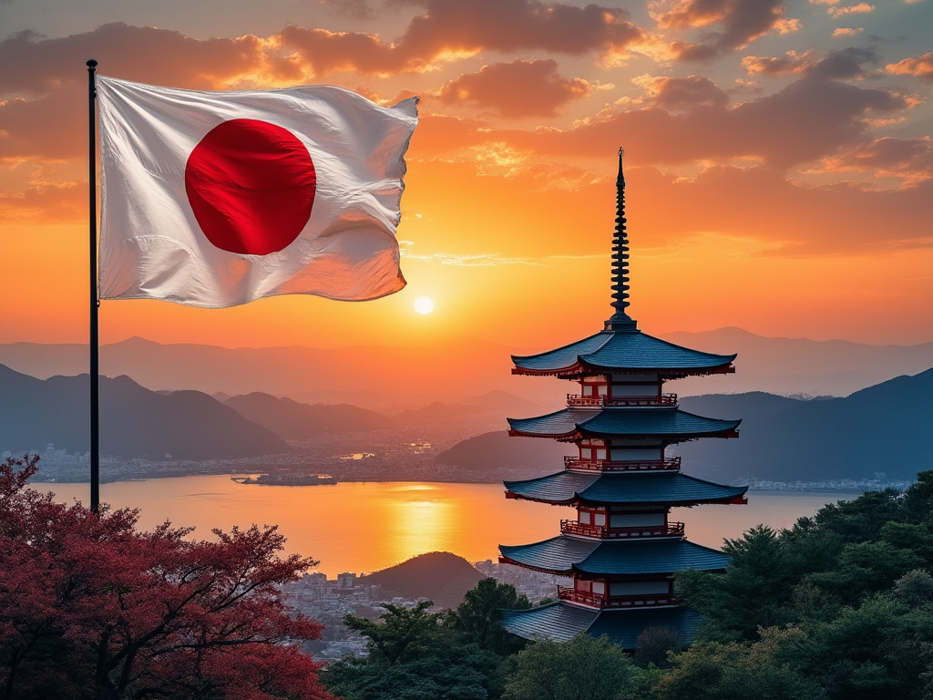 Flag of Japan with traditional building