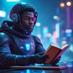 Futuristic person reading a book in a space suit