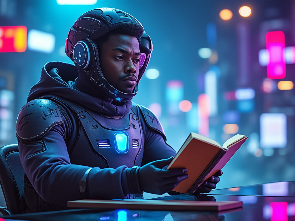 Futuristic person reading a book in a space suit