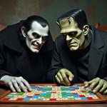 Dracula and Frankenstein playing scrabble