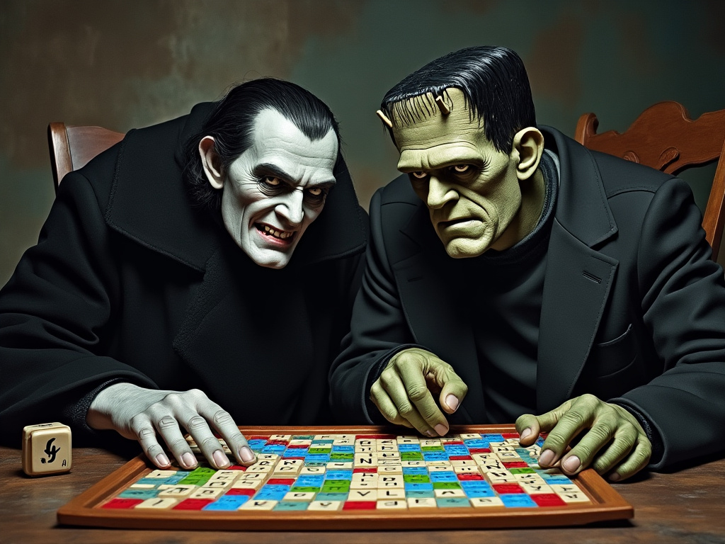 Dracula and Frankenstein playing scrabble