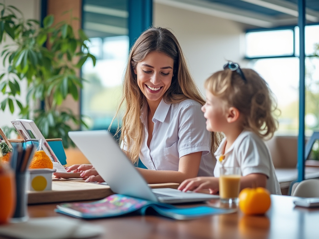 woman teaching a child english