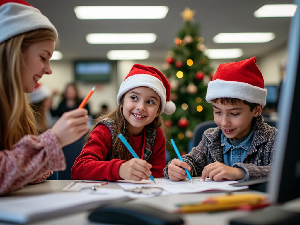 2 children and one adult teacher making holiday projects