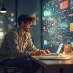 Man at computer listening to stories