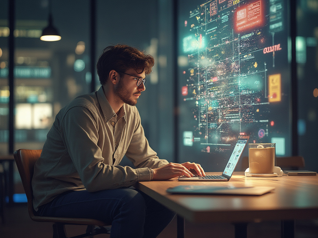 Man at computer listening to stories