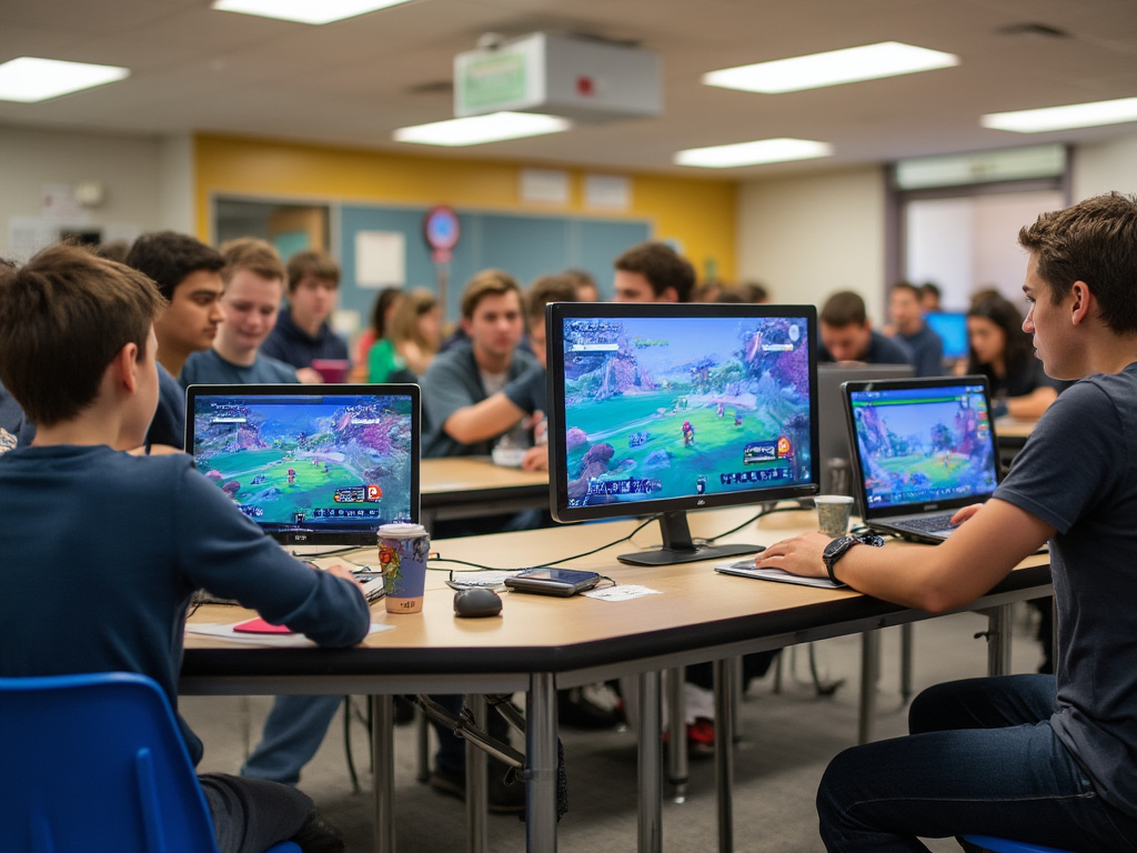 students in a classroom looking at computers