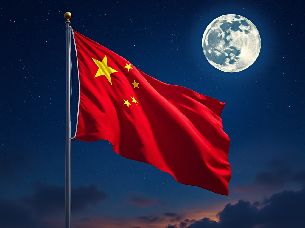 flag of china at night with full moon