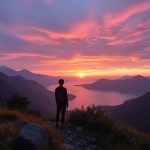 person in the mountains of china at sunset