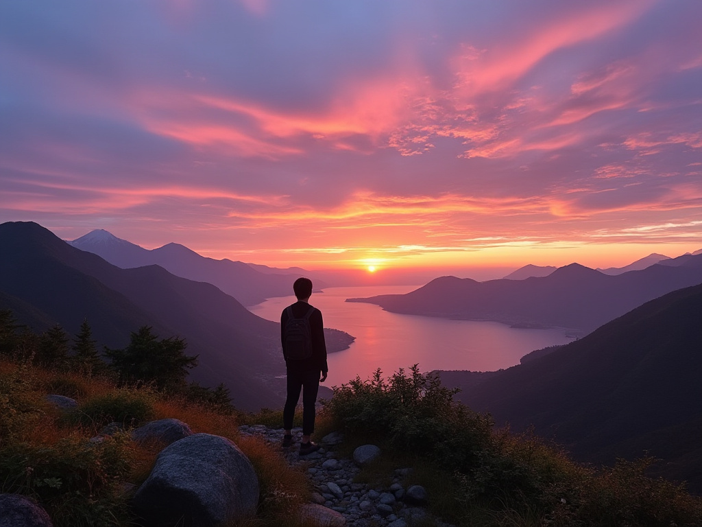 person in the mountains of china at sunset