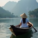 Woman facing away in a boat in Vietnam