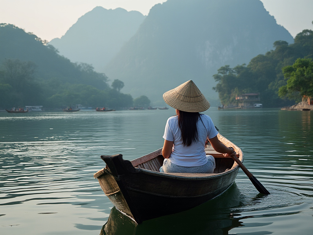 Woman facing away in a boat in Vietnam