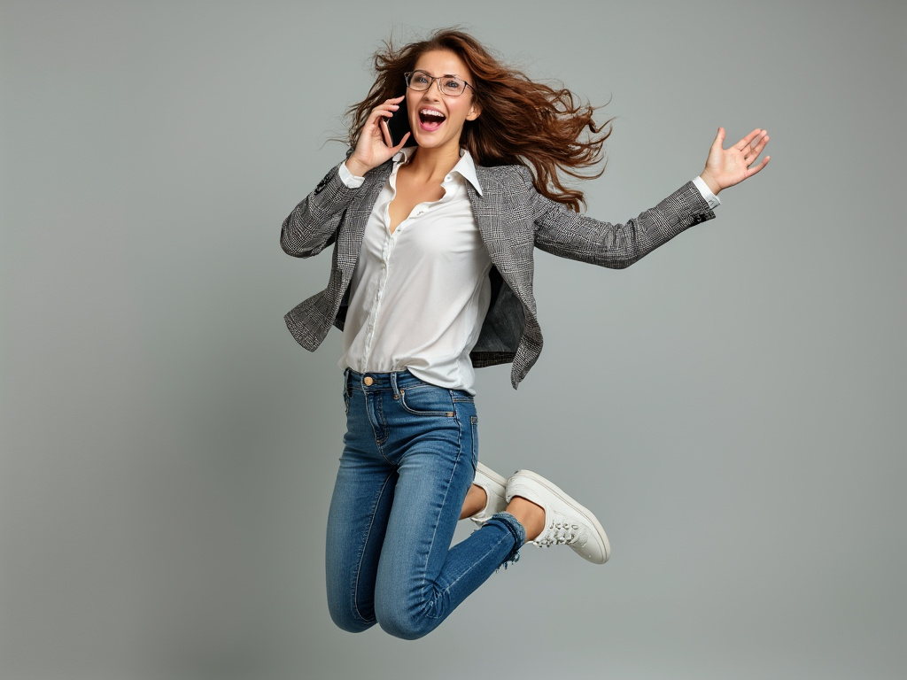 Happy teacher jumping in the air while talking on cell phone