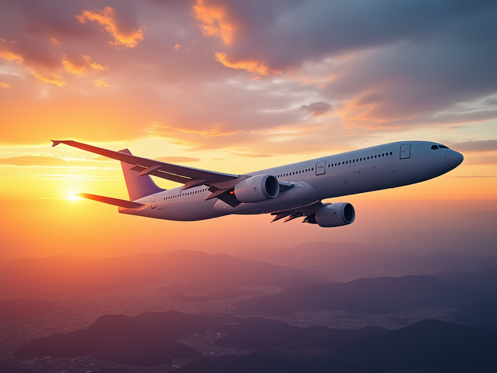 airplane taking off at sunrise