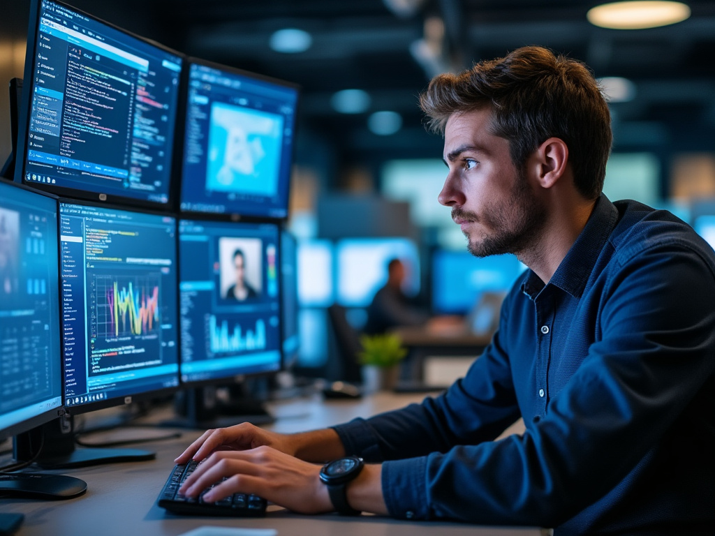 teacher looking at 7 different screens