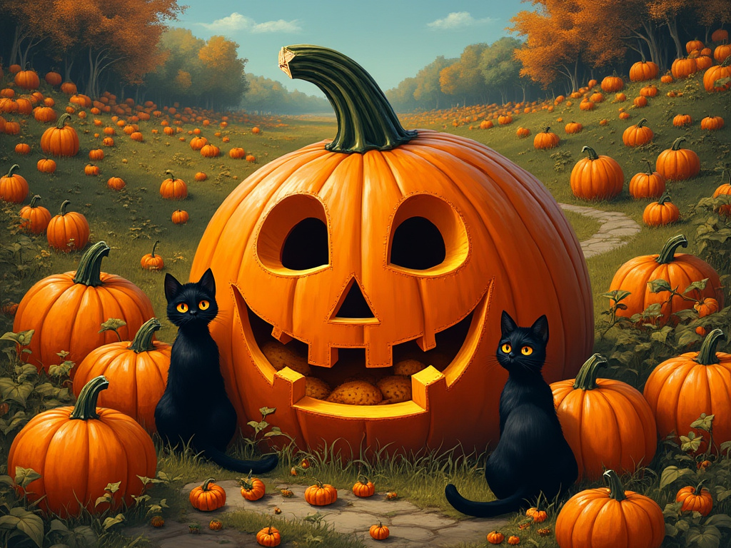 pumpkin patch with black cats