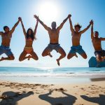 people jumping in air on beach