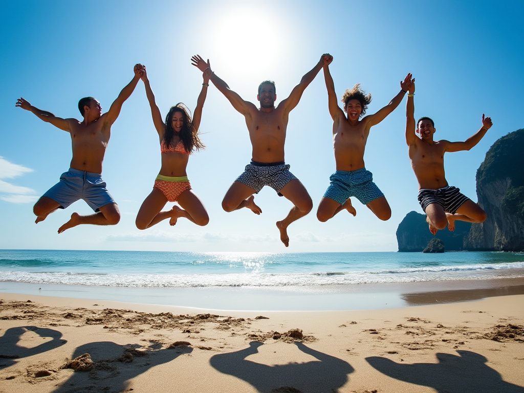 people jumping in air on beach