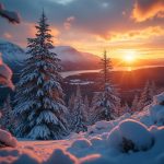 Snowcapped mountains at sunset