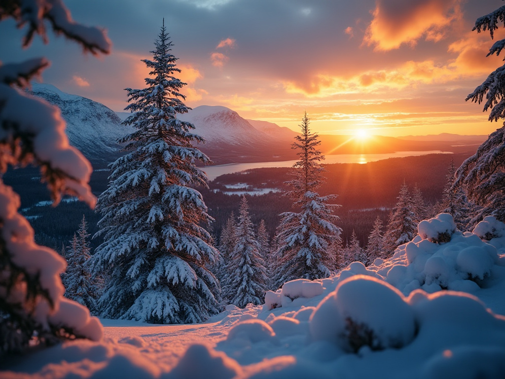 Snowcapped mountains at sunset