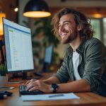 happy person looking at computer