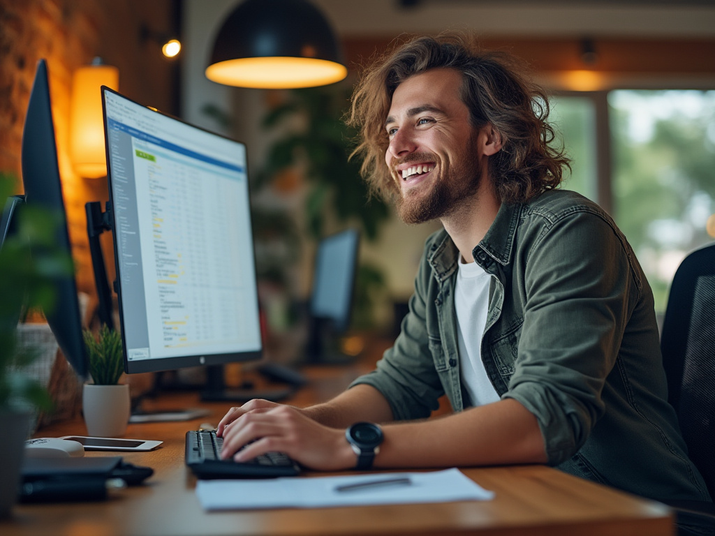 happy person looking at computer