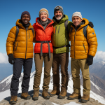 4 people standing on top of a mountain