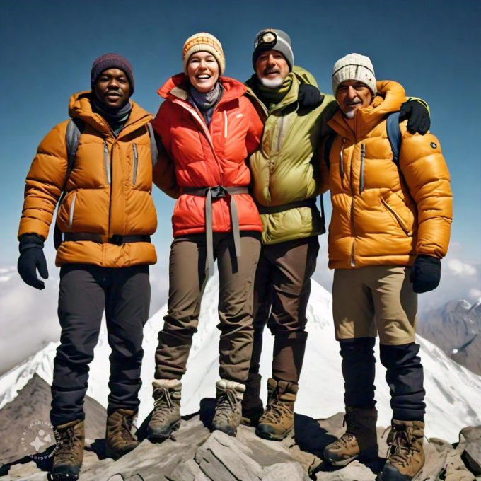 group of people on top of mountain posing