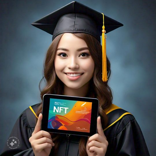 Student holding digital NFT certificate