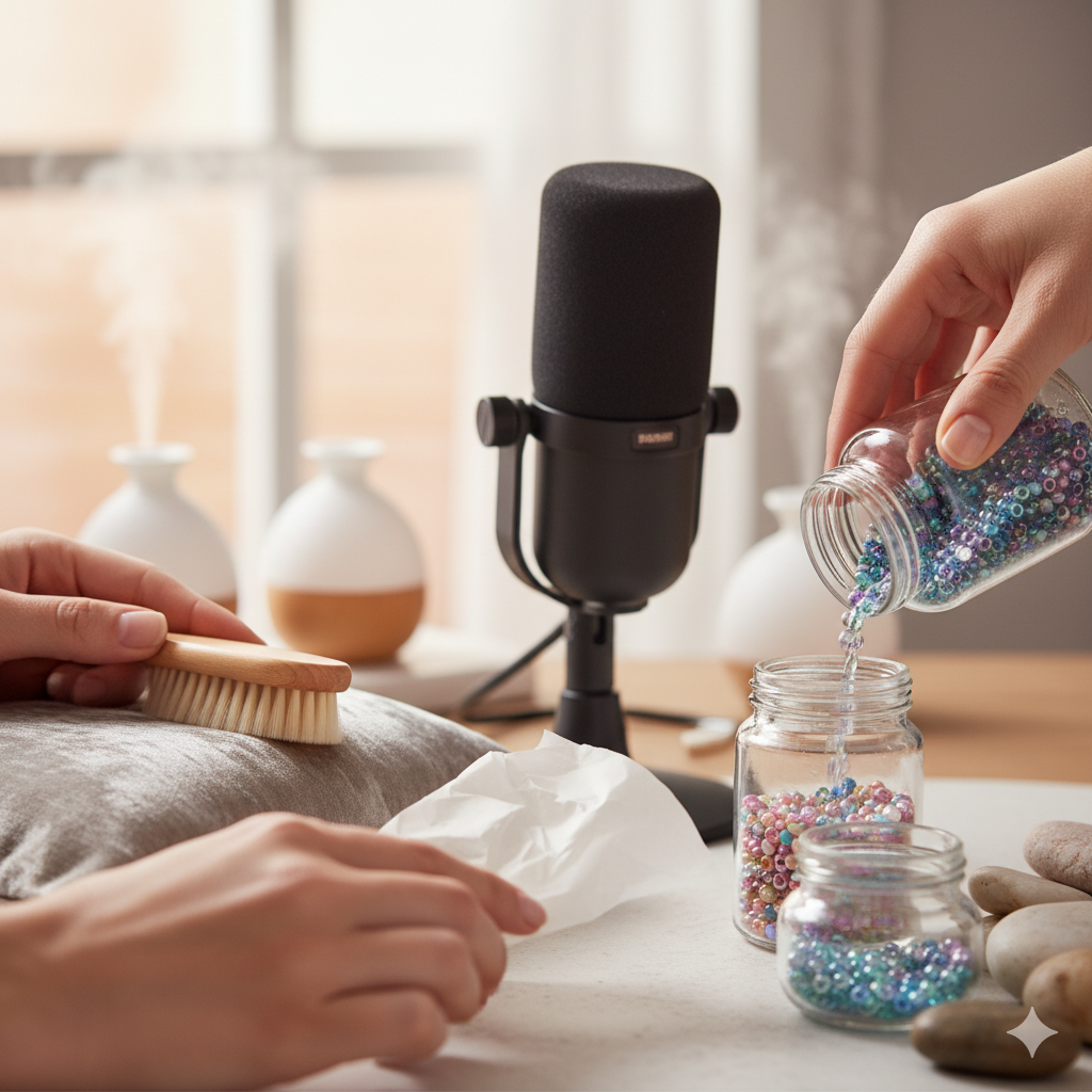 Creating an ASMR video with microphone and glasses and balls
