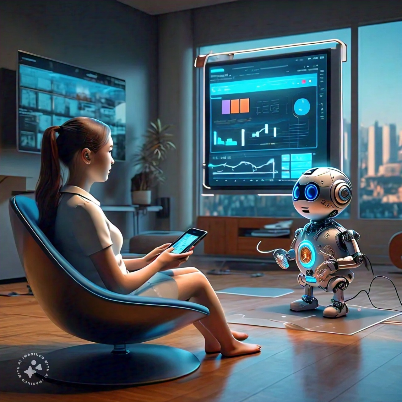 Human learning English with AI robot